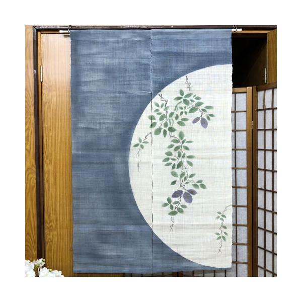 手描き麻暖簾【鳥と忍草】手染め のれん 巾81×144cm　一点物　アンティーク 麻のれん 「榎に啄木鳥」 手描きのれん のれん 本麻 万葉舎