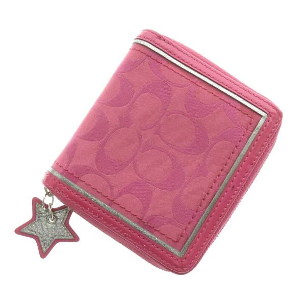 コーチ 即納 シグネチャー ラウンドファスナー 二つ折り財布 レディース 小銭入れあり キャンバス 中古