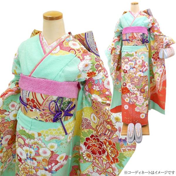 正絹 振袖単品 仕立て付き 水色 辻が花 絞り 貝桶 絹100% f-093-t 成人