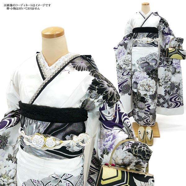 セール】仕立付き 正絹振袖単品 白色 くすみ色 松竹梅 牡丹 絹100% f