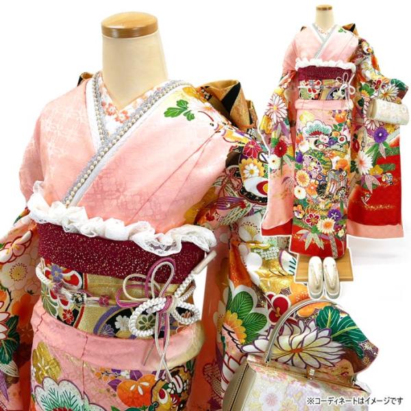仕立て付き 正絹振袖 ピンク 古典柄 御所車 絹100% f-542-t 刺繍 成人