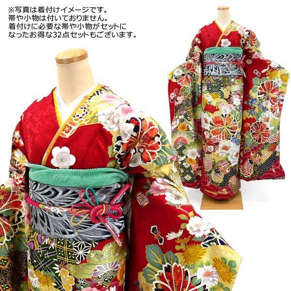 仕立て付き 正絹 振袖単品 f-942-t 古典柄 新品 赤 四季の花 金駒刺繍 振り袖単品です