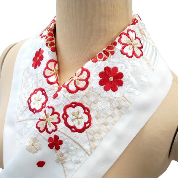 刺繍 半衿 he-007 白地 レッド ホワイト 市松模様 梅 桜 振袖 成人式