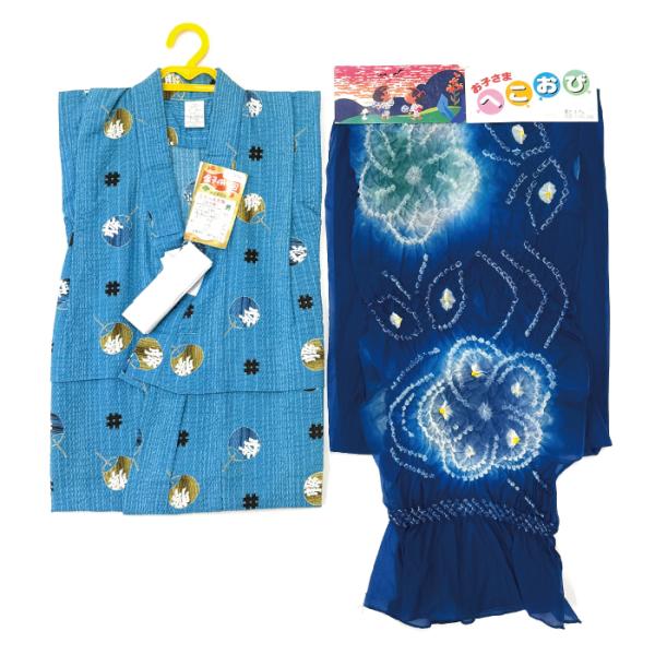 男の子用 浴衣+兵児帯の２点セット生地は凹凸があるので汗をかいてもはり付きにくいです。兵児帯は紺地なので帯周りが引き締まります！■浴衣3〜4才用（三ツ身）身長100cm前後のお子様に最適です。尚前後5cm位の差は腰上・肩上でご調整ください。...