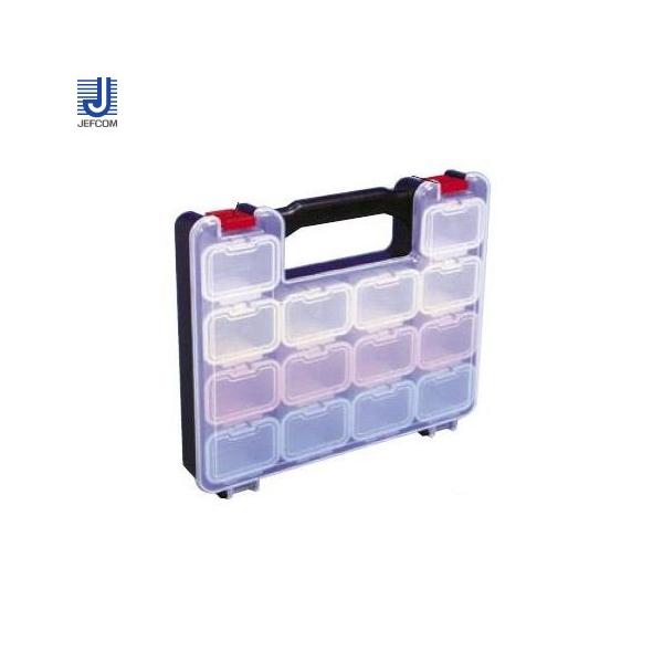 【メーカー】●ジェフコム（株）【特長】●工具もパーツも自由自在に収納・整理・携帯できます。●透明小箱は外箱ケース底部仕切りで固定され動きません。●フタが不用意に開かないロック付です。●手に馴染むグリップ形状です。【仕様】●外寸(mm)幅×奥...