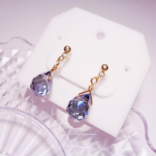 I2015GGBLU 金属アレルギー対応 金アレ 樹脂ノンホールピアス  イヤリング ブルーグレイ 一粒 カットドロップ 金属色ゴールド