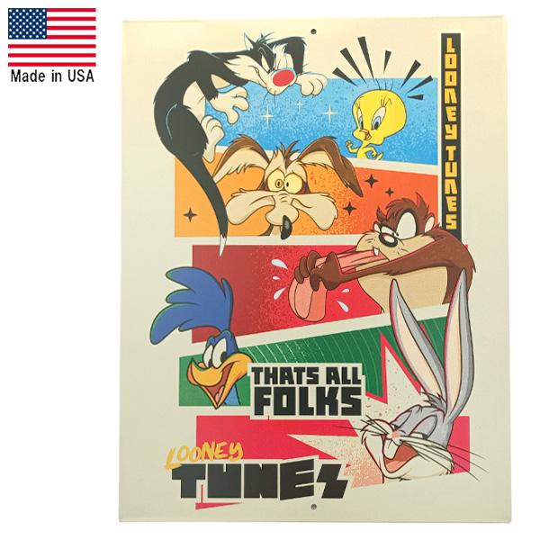 メタルサイン "LOONEY TUNES" ルーニー・テューンズ コラージュ 看板 縦28cm×横21.5cm ■ ワーナー シルベスター ロードランナー トゥイーティー