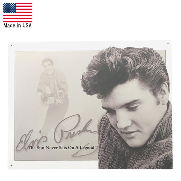メタルサイン "ELVIS PRESLEY Sun Never Sets" エルヴィス・プレスリー モノクロ 看板 縦32cm×横40.5cm ■ アメリカ ロック エルビスプレスリー