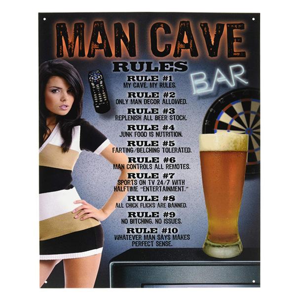 メタルサイン "MAN CAVE RULES" マンケイブ ルール 看板 40.5cm×32cm ■ バー BAR 酒 ビール 美女 インテリア ブリキ看板