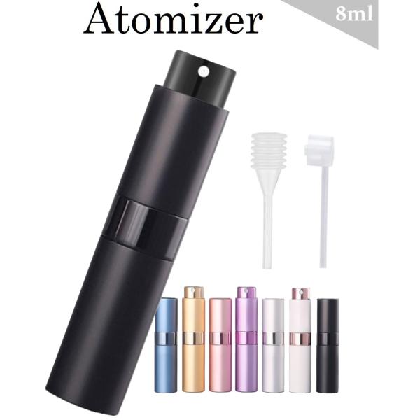 カラー：BLACK【セット内容】●アトマイザー　×1●スポイト　×1●プッシュノズル　×1香水や、消毒液などの持ち運びに便利でおしゃれなスプレーボトル（8ml）のお得なセットです。「サイズ」直径：２.３cm 全高：１０.５cm (回転済) ...