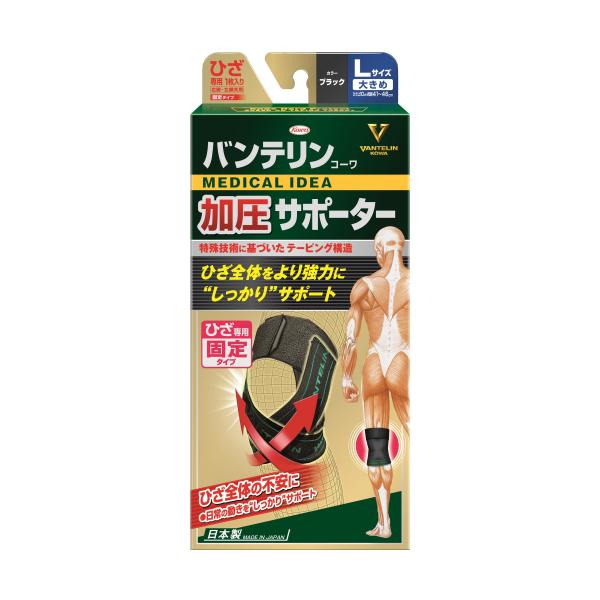 特許技術に基づいたテーピング構造。ひざ全体をより強力にしっかりサポートします！