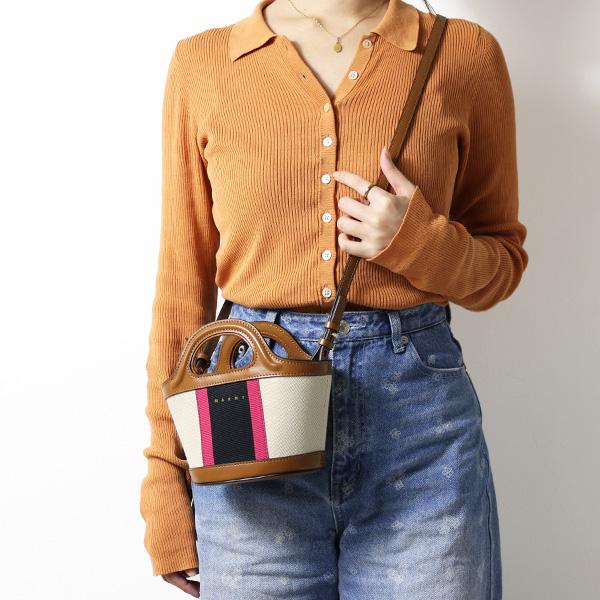 美品【MARNI本物】ハンドバッグ/TROPICALIA MICRO/2WAY MARNI(マルニ) ブラウン レザーとストライプキャンバス製