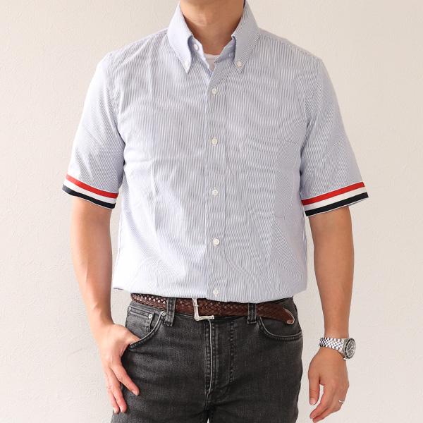 THOM BROWNE トムブラウン シャツ Straight Fit Stripe Shirts MWS252A 06272 メンズ 半袖 ボタンダウン ポケット付き ストライプ コットン