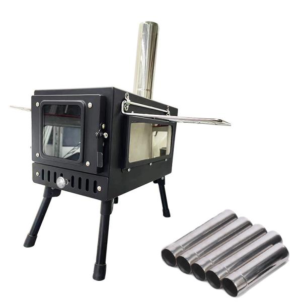 送料無料 薪ストーブ アウトドア 調理器具 暖炉 キャンプ 折りたたみ 煙突付き 耐熱ガラス窓付き 組立式 屋外 焚き火台 BBQ 暖房 コンロ 黒
