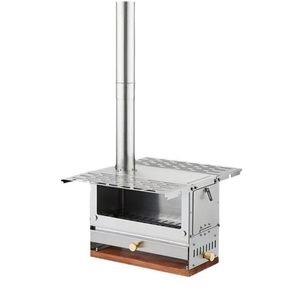 送料無料 卓上薪ストーブ キャンプ 携帯便利 ウード暖炉 焚き火台コンロ テント調理 アウトドア バーベキュー 煙突/耐熱ガラス窓/サイド棚付き