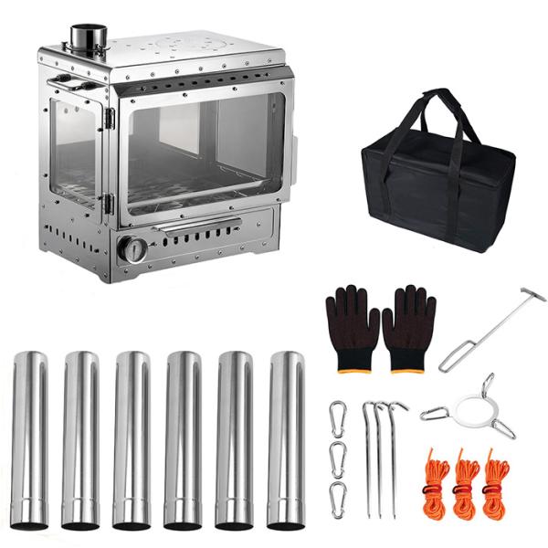 送料無料 薪ストーブ 三面耐熱ガラス窓 ステンレス製 二次燃焼 ウッドストーブ 煙突/収納袋/温度計付き 室内アウトドア 暖炉 キャンプ 調理BBQ焚き火 暖房