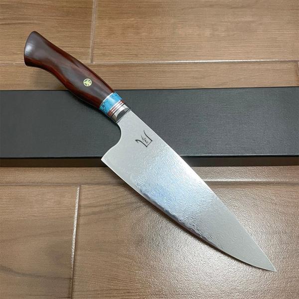 送料無料 即納 刺身包丁 ダマスカス牛刀 牛刀包丁 75層鋼乱波紋ダマスカス包丁 全長355mm 刃渡り210mm 万能包丁 タガヤサンハンドル 高級 NK25C03