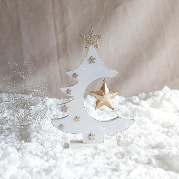 【 MNM 】ウッドツリー　木製クリスマスツリー　H21cm　ホワイト　ゴールド 星　スター