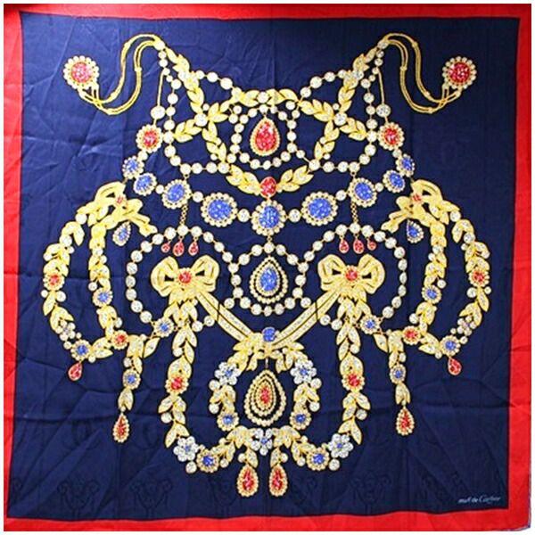 Cartier ☆ カルティエ マスト ドゥ シルク スカーフ ネイビー×レッド  