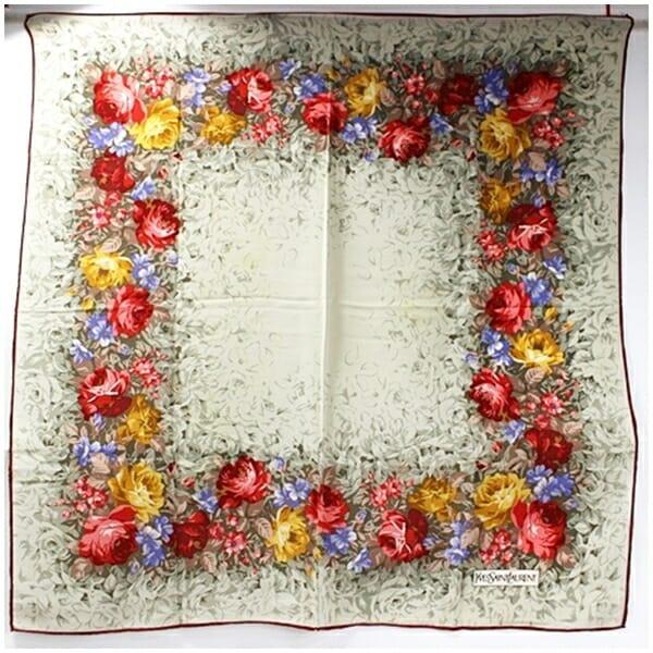 ☆ イヴサンローラン スカーフ ベージュ レッド 花柄 中古 ABランク  