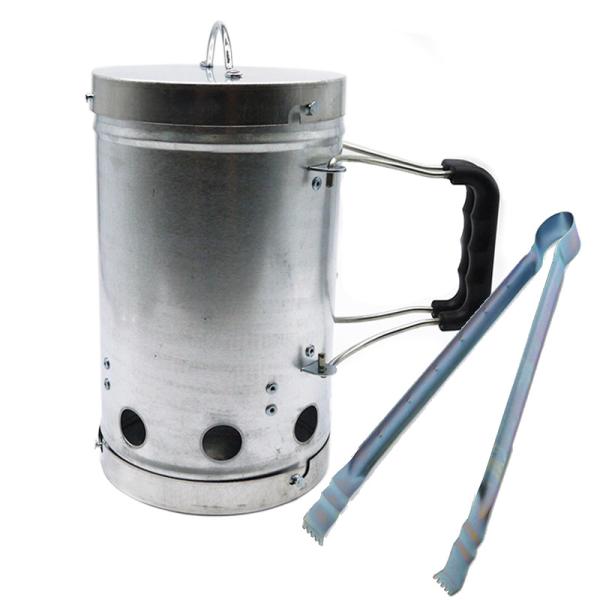 ■仕様・サイズ:190×170×高さ310mm・重量:1.4kg・材質:蓋・本体/スチール(亜鉛メッキ)、蓋取っ手/スチール(クロムメッキ)、ハンドル/フェノール樹脂、トング/スチール(亜鉛メッキ)・生産国:中国■商品説明・簡単に木炭や炭の...