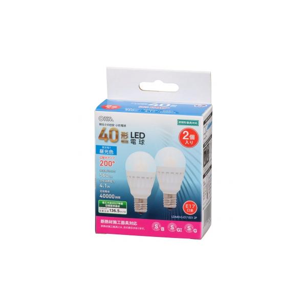 オーム電機 LED電球 小型 E17 40形相当 昼光色 2個入 LDA4D-G-E17 IS51 2P