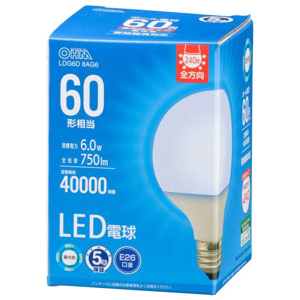 オーム電機 LED電球ボール電球形E26 60形相当 G80昼光色 LDG6D 8AG6