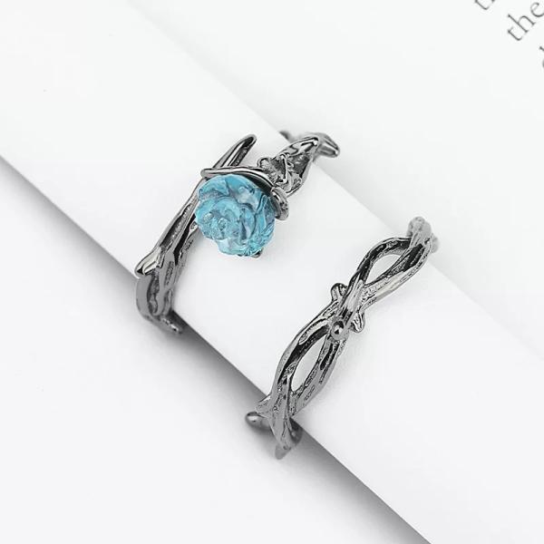 青いバラのリングセット☆ブルーローズ リング 棘 薔薇 調節可能