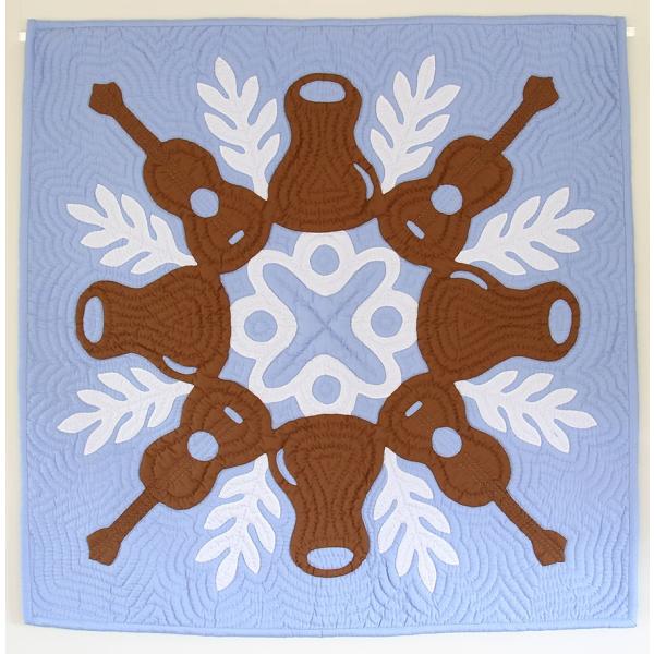 90X90cm】ハワイアンキルト タペストリー イプ＆ウクレレ(ブラウン