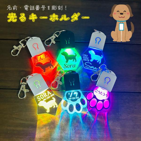 夜のお散歩に。ワンちゃんのお名前と、迷子防止の電話番号が刻印できるLEDネームタグ！7色に光るので好きな色で固定、またはレインボー色で楽しむことも♪邪魔にならない大きさです【商品スペック】【ワンちゃん LEDネームタグ】おなまえと電話番号を...