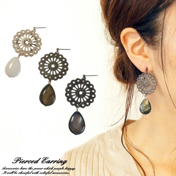 【ピアス】フラワー柄×ドロップパール ホワイト ゴールド 秋 laplateriashu_150-08-17