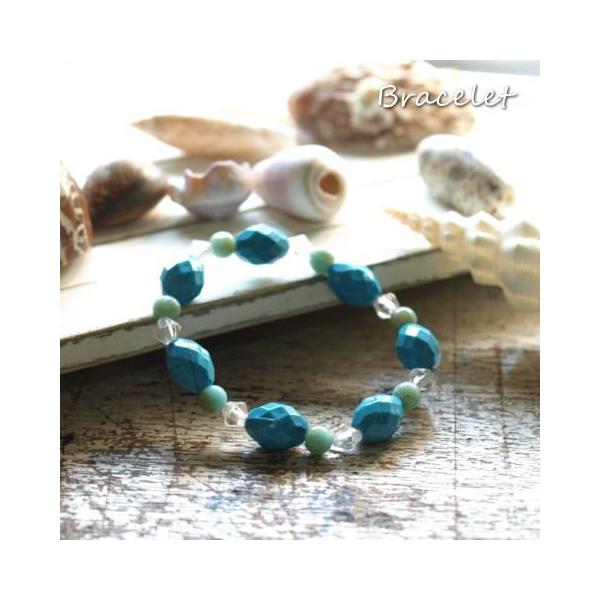 ブルー×エメラルドグリーンが爽やかなビーズゴムブレスレット 送料無料
