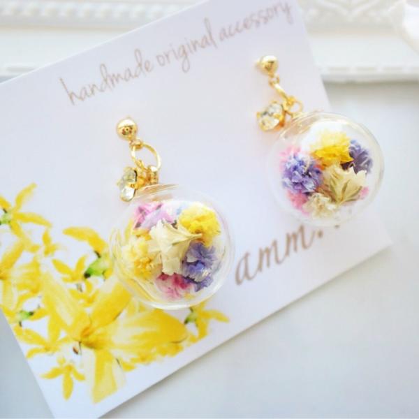 揺れる 一粒 ビジュー ガラスドーム ドライフラワー イヤリング ピアス レディース クリップイヤリング カラフル 花 かすみ草 アクセサリー Amm Buyee Servicio De Proxy Japones Buyee Compra En Japon