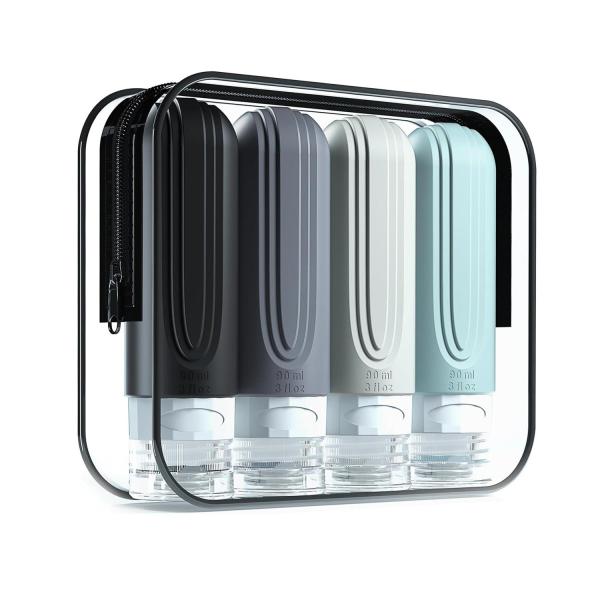 【商品説明】持ち運びに便利なトラベルボトルセット（90ccｘ4本＋収納ポーチ付き）旅行や出張にぴったりな、機能性とデザイン性を兼ね備えたシリコン製トラベルボトルセット。漏れ防止設計や広口仕様など、使いやすさにこだわったモデルです。・漏れ防止...