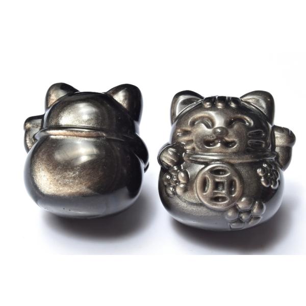 繊細彫刻 シルバーオブシディアン　41x31x45mm　招き猫 置物 1個売り _CRG203【宅急便のみ】