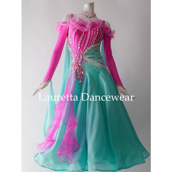 社交ダンス/競技ダンスドレス(ピンク、羽) D978オーストリッチ羽根付き鮮やかなピンクのモダンドレス