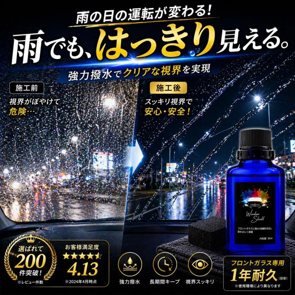 フロントガラス 撥水コーティング剤 30ml スポンジ クロス付 フッ素コーティング 1年耐久 超撥水 車 ガラス撥水 洗車 日本製 4580592494570 SHIELD co033