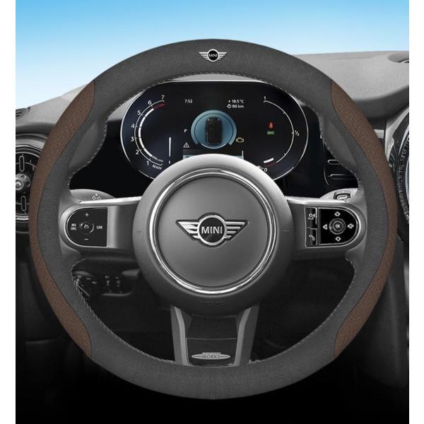 ◆ミニ BMW MINI◆カレー色花柄◆ハンドルカバー ステアリングカバー コンパス ハンドル保護 38CM 専車ロゴ アルカンターラ調 滑り止め O型 aacb qtm