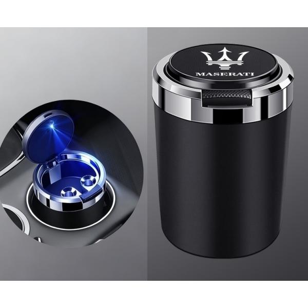 ★マセラティ Maserati★ブラック★車内用灰皿 タバコ灰皿 ミニごみ箱 LEDライト付き 火消し穴 灰捨て簡単 臭い漏れ防止 専用-車のロゴ 蓋付き aagq qtm