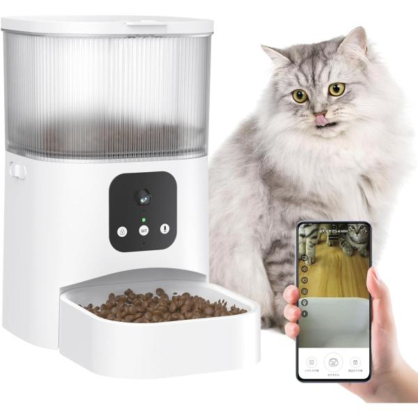 Color:白 自動給餌器 猫 小型・中型犬用 3L 自動餌やり カメラ