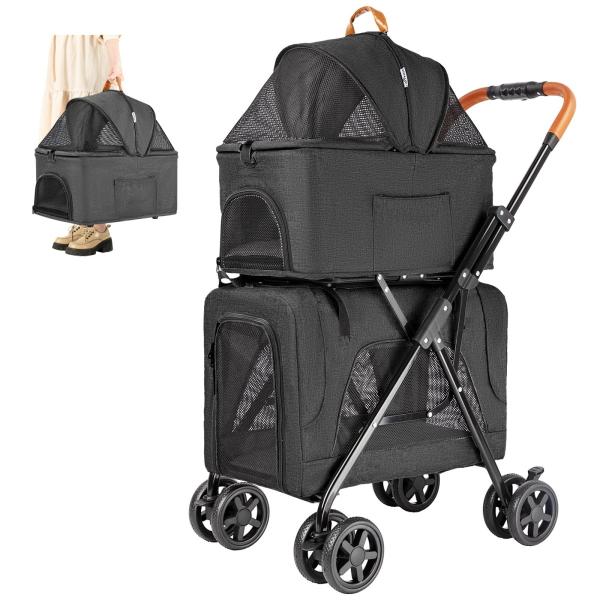 Color:分離型-亜麻ブラック LPOTIUS ペットカート 多頭 上下2段