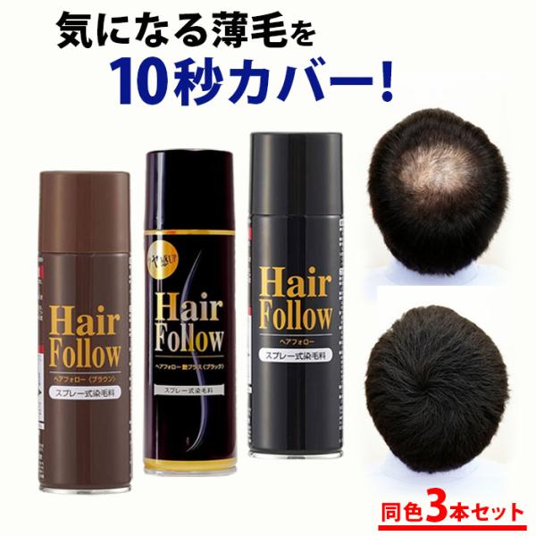 ヘアーフォロースプレー 同色 3本セット / へあふぉろー hair follow まとめ買い 3本組※「ブラック艶プラス」は、対象外・当日出荷は午前9時まで（土日祝除く）となります。カラー（3種からお選びください）：ブラック、艶ブラック、...