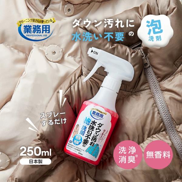 クリーニング屋さんの業務用洗剤シリーズクリーニング屋さんが使ってる 「ダウン汚れ水洗い不要の泡洗剤」 250ml 日本製【商品説明】どうしてる？自宅で洗いにくいアウター汚れのお悩みクリーニングに出すのは面倒、、アウター類は洗うのも乾かすの使...