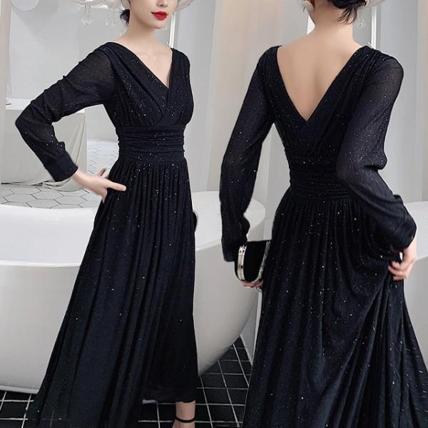 カシュクール パーティードレス ドレス ロングドレス ワンピース ドレス 黒 ブラック Vネック 結婚式 お呼ばれ 大きいサイズ 3L 4L  小さいサイズ 袖あり 長袖