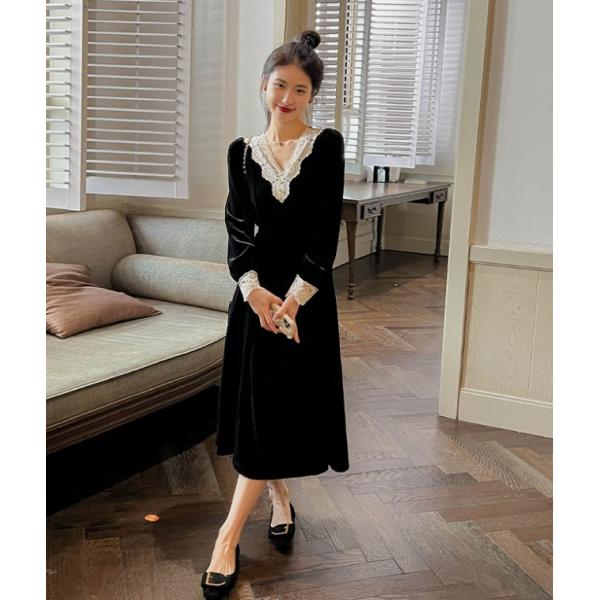 【新品】leur logetteベルベットフレアワンピ　ベロアパーティードレス ベロア ベルベット レース シースルー フレアワンピース フレア