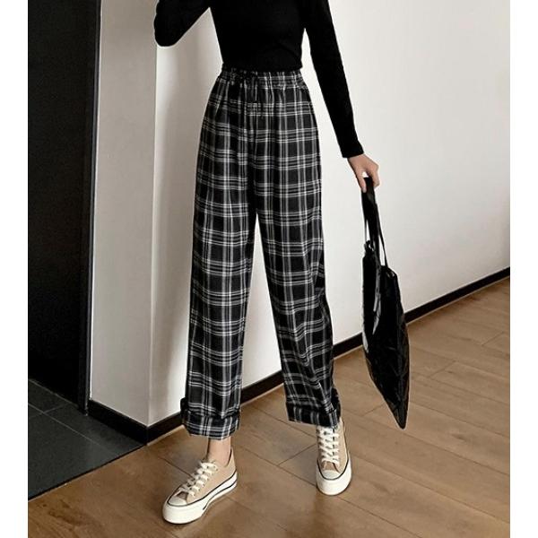 オンワード樫山 チェックパンツ Lサイズ 黒 カジュアル レディース 新品 チェックパンツ ワイドパンツ レディース ボトムス ウエストゴム