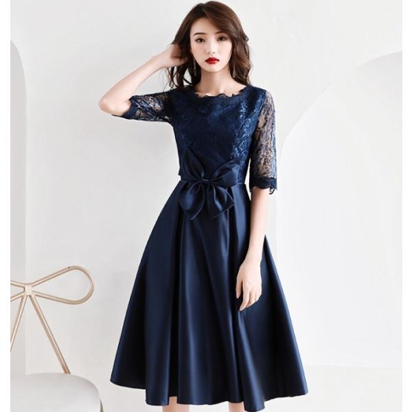 パーティードレス 結婚式 お呼ばれドレス 膝丈 袖あり 赤 黒 青 シースルー袖 ウエストリボン ウエストマーク 五分袖 大きいサイズ 3L 4L 小さいサイズ パーティードレス 結婚式 お呼ばれドレス 膝丈 袖あり 赤 黒 青