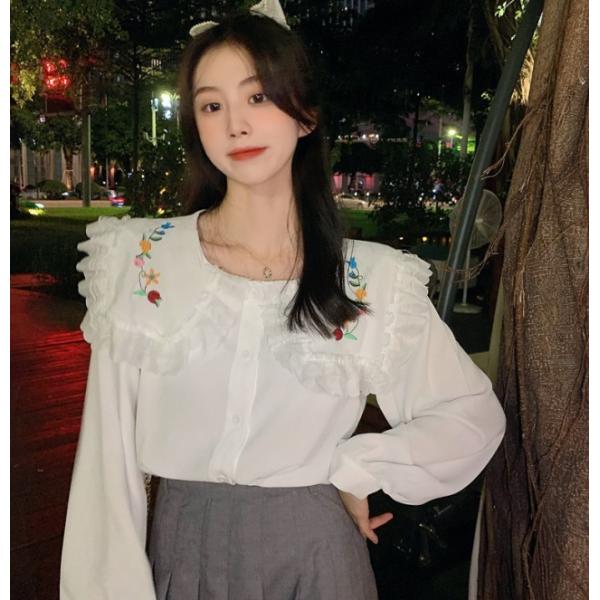 シャツ ブラウス レディース 花柄 刺しゅう 丸襟 長袖 長そで フラワー ゆったり きれいめ 春 夏 秋 冬 ブラウス トップス レディース 長袖 春 秋 刺繍 花柄 シャツ