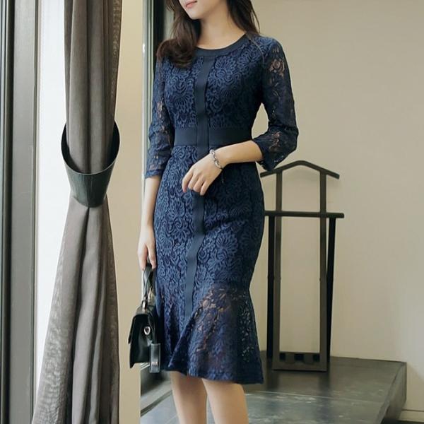 ワンピース　袖あり　レース　フレア　フリル　マーメイド　レディース　ミディアム丈　膝丈　キャバドレス　七分袖　結婚式　春　二次会　お呼ばれ　カジュアル leap-ec_ssf0027