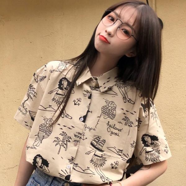 シャツ レディース トップス 半袖 春 夏 柄シャツ 襟付き